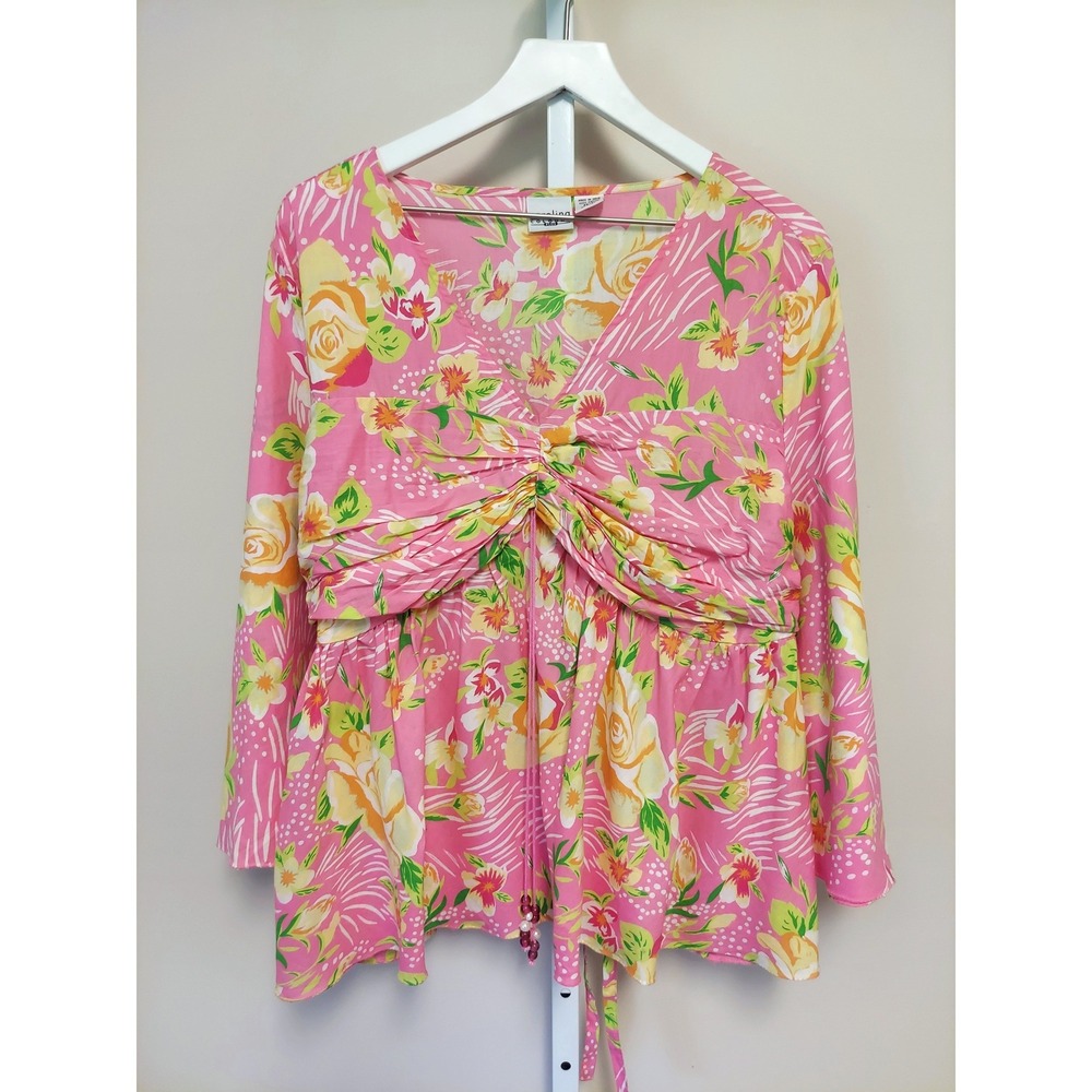 Carolina Colours Pink Floral Cotton Bell Sleeve Tie Back Blouse 22/24 Tropical